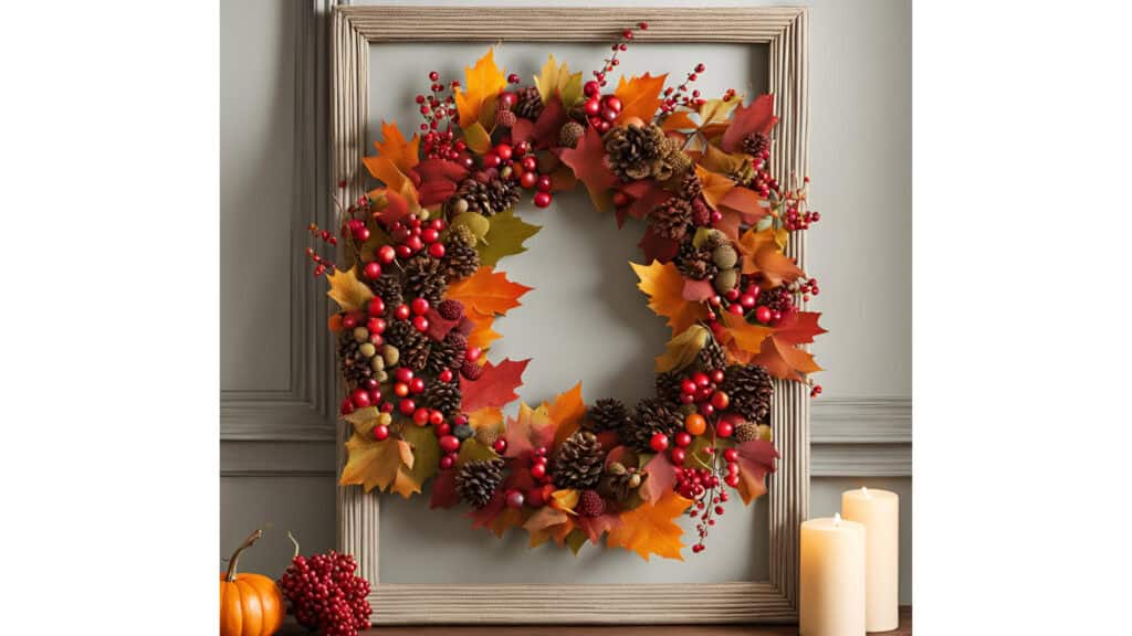 Budget Fall Decor Ideas for Home & Yard 6 An autumn wreath featuring vibrant faux mums and sunflowers in shades of red, orange, and yellow, arranged on a rustic grapevine base with added mini pumpkins and pinecones for a touch of seasonal charm.