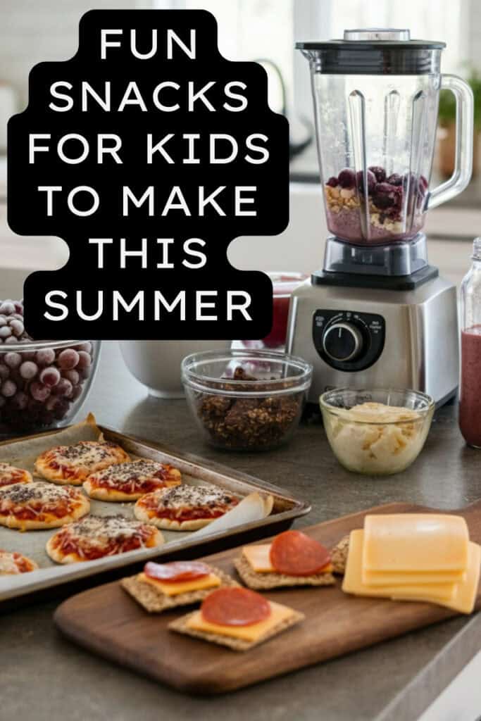 Blender with fruits and nuts, mini pizzas on a baking tray, and cheese with crackers on a board. Text overlay: "Fun snacks for kids to make this summer."