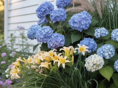 blue hydrangeas against a white house mixed with yellow dayliles and other flowers.