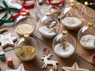 Delicate Christmas ornaments and wooden decorations on a wooden table for holiday crafting and decorating.