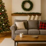 8 Cozy Christmas living room with decorated tree, stockings, and festive wreath for holiday home decor.
