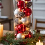 10 Colorful Christmas ornaments with pinecones in a glass vase for holiday home decor.