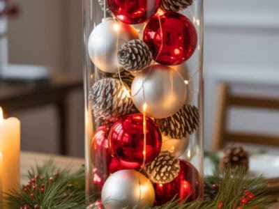 Colorful Christmas ornaments with pinecones in a glass vase for holiday home decor.