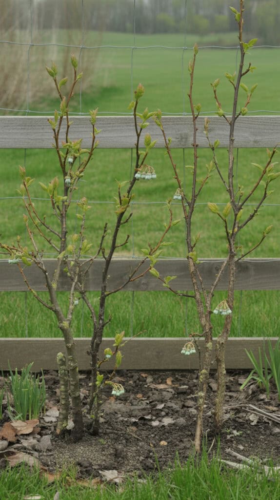 How to Take Care of Blueberry Bushes in Spring for Upstate NY 6 Young fruit tree branches with budding leaves and early blossoms.