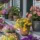 Bright and vibrant flowers in pots decorate a cozy porch setting.