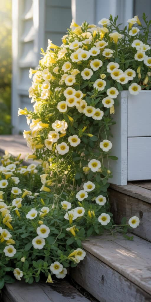 8 Container Plants for People Who Forget to Water (No Guilt Gardening) 5 White and yellow petunias cascading from a planter on porch stairs.