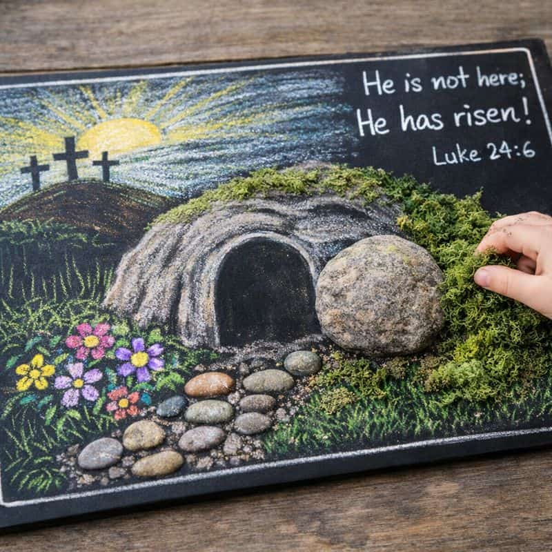 Easy & Adorable Resurrection Garden Ideas 6 DIY resurrection garden with chalk drawing, moss, and stones for Easter decor.