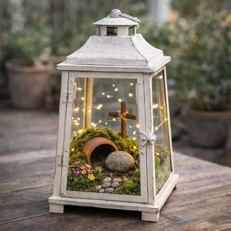 Easy & Adorable Resurrection Garden Ideas 7 Resurrection garden in a glass lantern with moss, stones, and a cross, perfect for Easter or spring.