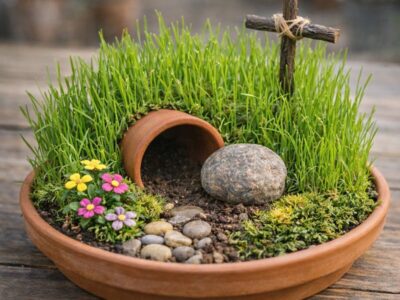 Resurrection garden featuring a small cross, clay pot, and vibrant flowers in a shallow dish.