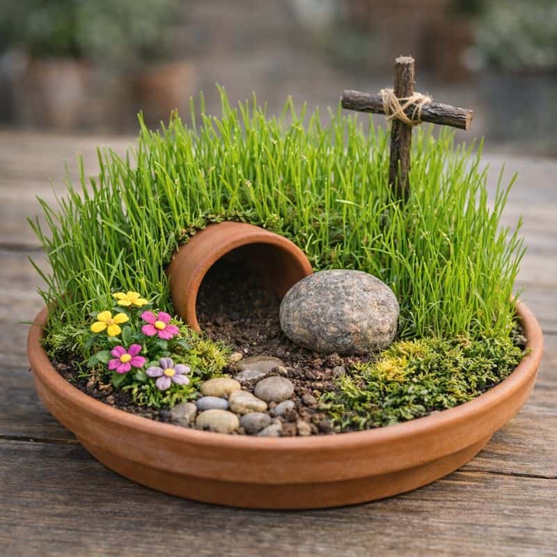 Easy & Adorable Resurrection Garden Ideas 8 Resurrection garden featuring a small cross, clay pot, and vibrant flowers in a shallow dish.