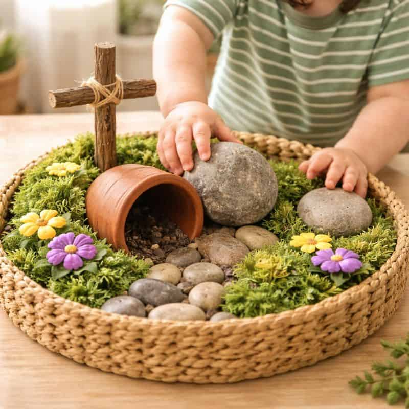 Easy & Adorable Resurrection Garden Ideas 9 Beautiful resurrection garden with stones, moss, and small flowers for Easter decor.