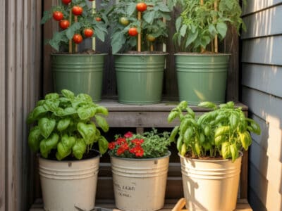 Container garden with tomato and leafy greens in buckets for small backyard spaces.