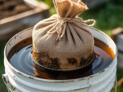 Bag of compost tea steeping in a bucket for organic garden fertilization.