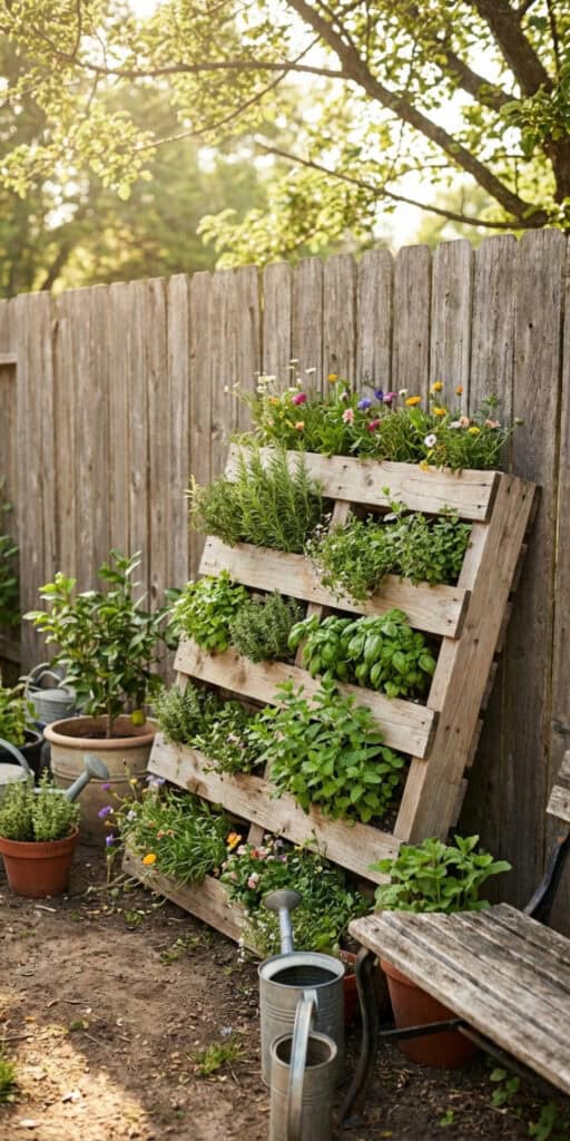 Rustic Garden Ideas That'll Make Your Yard Look Like a Pinterest Dream (Without Spending a Fortune) 1 Wooden pallet garden with lush herbs and flowers in a rustic backyard setting.