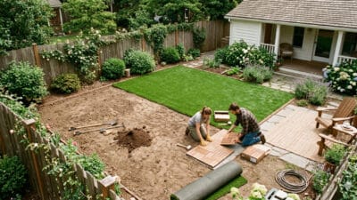 Two people installing a DIY backyard patio with wooden decking and lush garden surroundings.