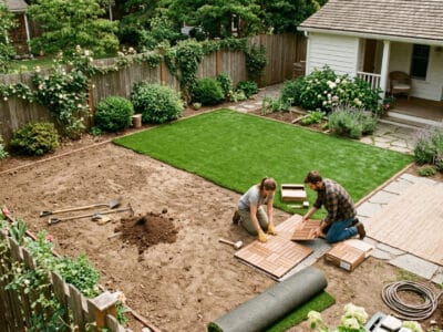 Two people installing a DIY backyard patio with wooden decking and lush garden surroundings.