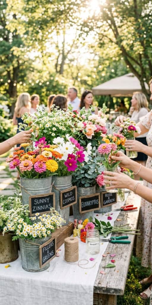 How to Set Up a Stunning DIY Flower Bar on a Budget 2 Beautiful flower bar with colorful blooms at a garden event, perfect for DIY wedding or party decor.