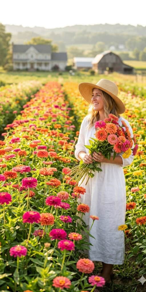 How to Set Up a Stunning DIY Flower Bar on a Budget 3 Woman holding a bouquet in a vibrant flower field.