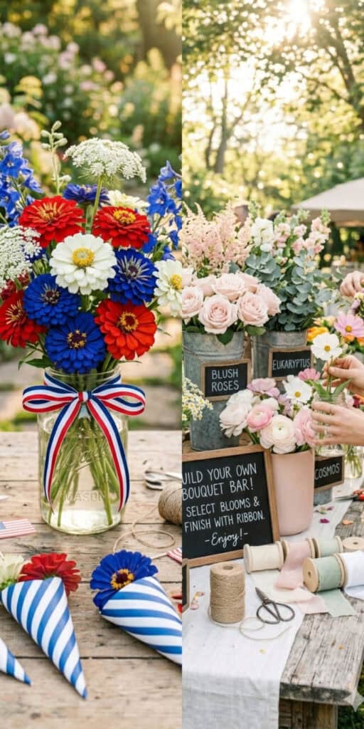 How to Set Up a Stunning DIY Flower Bar on a Budget 5 DIY Flower Bar setup with colorful blooms and patriotic accents.