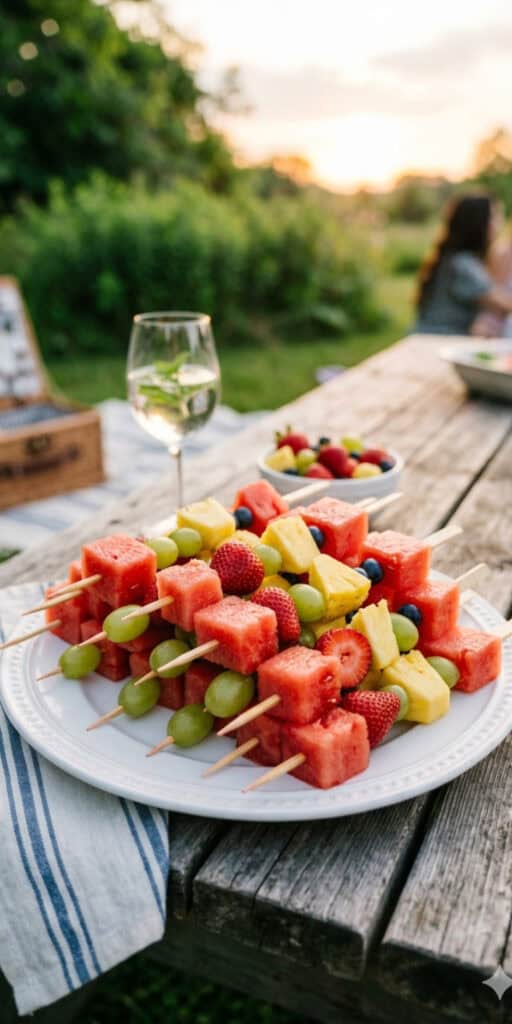 10 Easy Outdoor Party Foods on a Budget 2 Colorful fruit skewers with watermelon, grapes, and berries for outdoor party snacks.