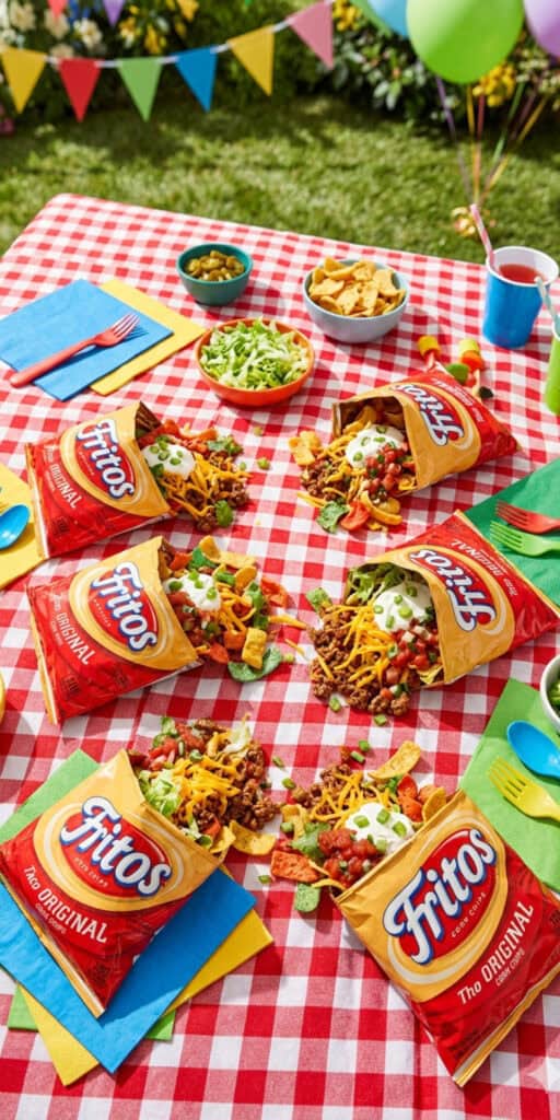 10 Easy Outdoor Party Foods on a Budget 3 Delicious Fritos tacos with fresh toppings, ideal for outdoor party foods on a budget.