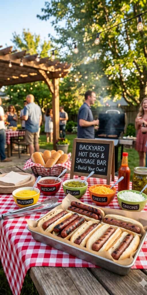 10 Easy Outdoor Party Foods on a Budget 5 Outdoor backyard hot dog and sausage bar with condiments for easy outdoor party food. Perfect for bu.