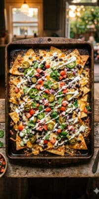 Delicious cheesy nachos topped with jalapeños, tomatoes, and onions, perfect for outdoor parties on.