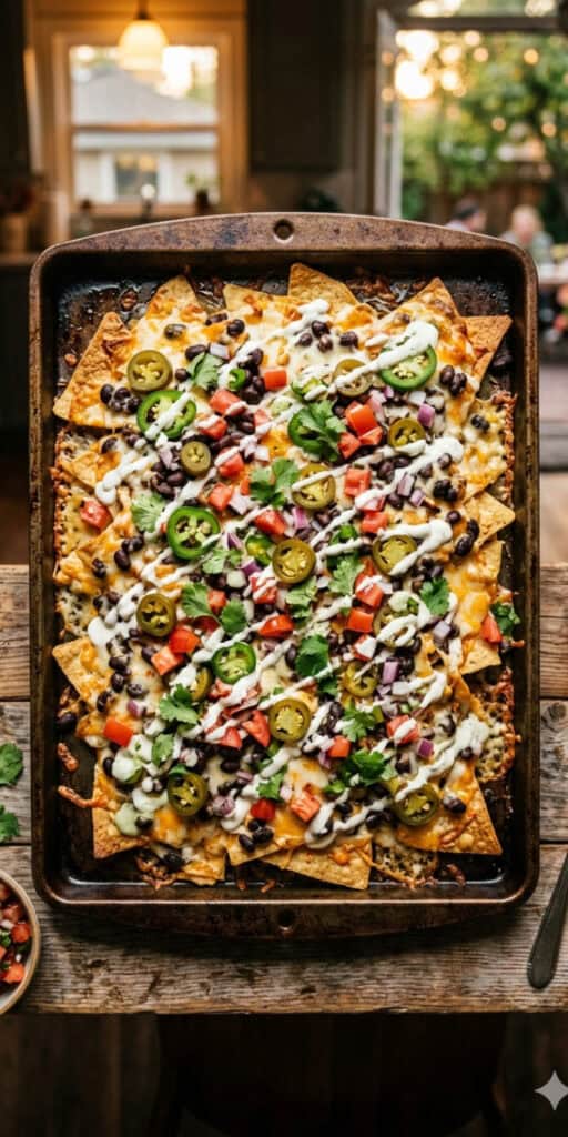 10 Easy Outdoor Party Foods on a Budget 6 Delicious cheesy nachos topped with jalapeños, tomatoes, and onions, perfect for outdoor parties on.