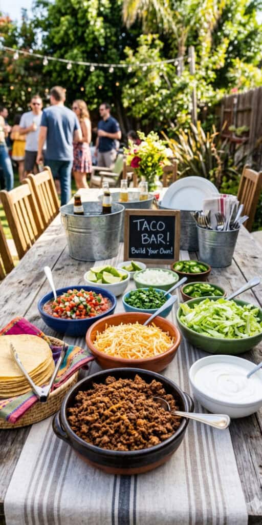 10 Easy Outdoor Party Foods on a Budget 1 Outdoor party food setup with taco bar and fresh toppings for a budget-friendly gathering.