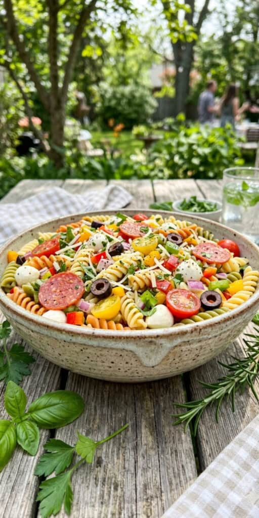 10 Easy Outdoor Party Foods on a Budget 7 Colorful pasta salad with vegetables and cheese, perfect for outdoor parties on a budget.