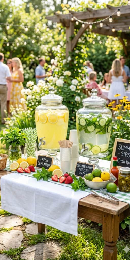 10 Easy Outdoor Party Foods on a Budget 9 Refreshing lemon and lime infused beverages at outdoor summer party.