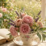 10 Beautiful teacup floral arrangement with pink roses, lavender, and daisies for charming decor.