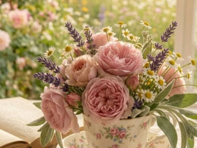 Beautiful teacup floral arrangement with pink roses, lavender, and daisies for charming decor.