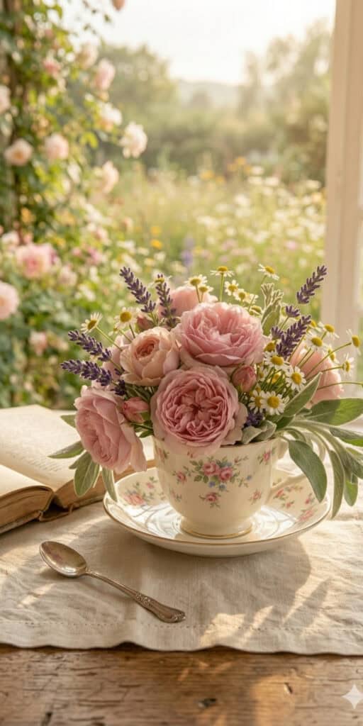 Charming Teacup Flower Arrangements 5 Beautiful teacup floral arrangement with pink roses, lavender, and daisies for charming decor.