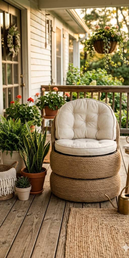 10 Brilliant DIY Tire Projects That Cost Almost Nothing 2 Outdoor chair with cushions on a wooden porch.