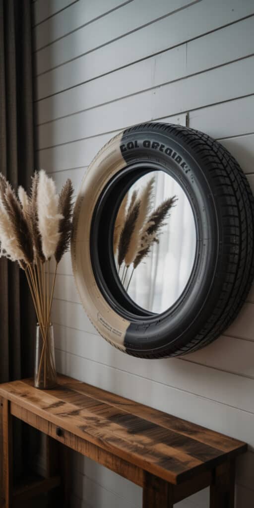 10 Brilliant DIY Tire Projects That Cost Almost Nothing 8 Repurposed tire turned mirror for rustic home decor.