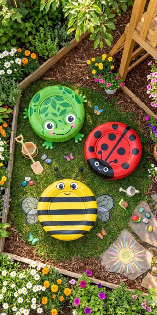 10 Brilliant DIY Tire Projects That Cost Almost Nothing 3 Brightly painted tire insects for garden decor, featuring a ladybug, bee, and turtle, surrounded by.