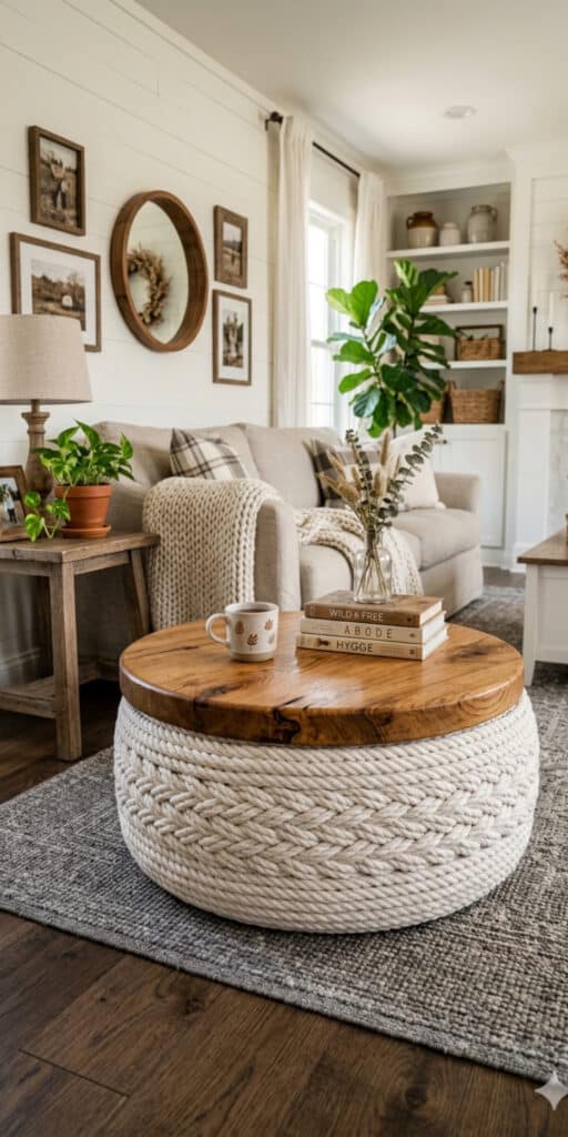 10 Brilliant DIY Tire Projects That Cost Almost Nothing 5 Inviting farmhouse living room with cozy sofa, greenery, and rustic accents.