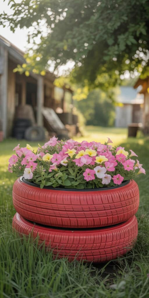 10 Brilliant DIY Tire Projects That Cost Almost Nothing 1 Creative DIY tire garden project with colorful flowers.