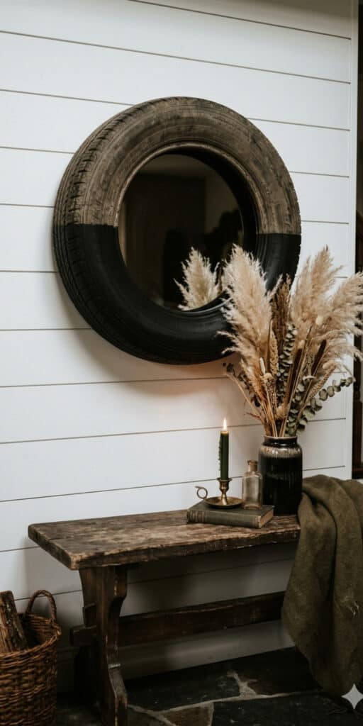 10 Brilliant DIY Tire Projects That Cost Almost Nothing 7 Recycled tire turned into rustic wall decor with pampas grass arrangement.