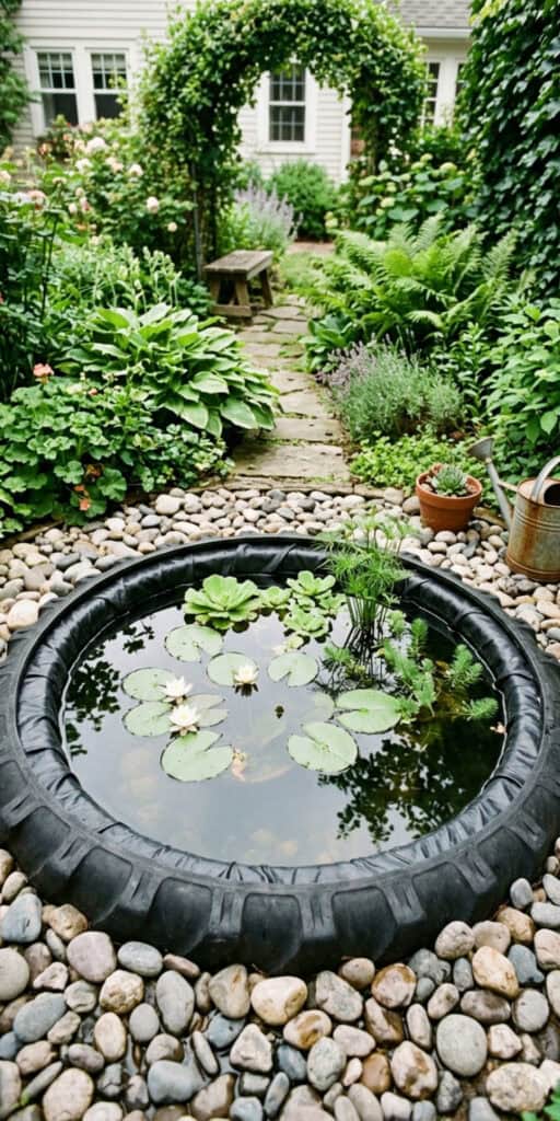 10 Brilliant DIY Tire Projects That Cost Almost Nothing 10 Eco-friendly tire pond with water lilies and lush greenery in a charming backyard.