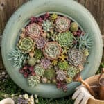 Upcycled tire used as a colorful succulent garden planter outdoors.