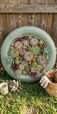 Upcycled tire used as a colorful succulent garden planter outdoors.