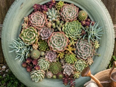 Upcycled tire used as a colorful succulent garden planter outdoors.