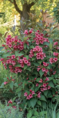 Pink flowering shrub in full sun with lush green leaves, ideal for year-round garden color.