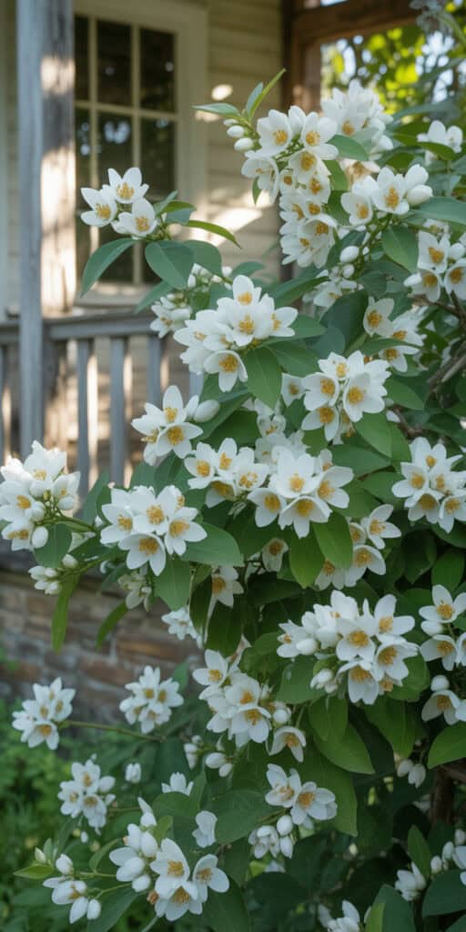 Your Guide to Flowering Shrubs for Full Sun (That Look Good All Year Long) 5 White flowering shrub in full sun with green leaves, ideal for year-round garden beauty.