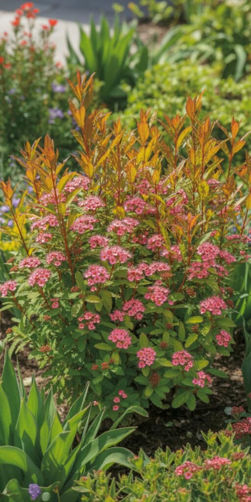 Your Guide to Flowering Shrubs for Full Sun (That Look Good All Year Long) 6 Pink flowering shrub with vibrant blooms in full sun garden.