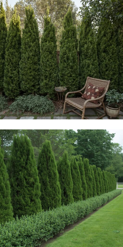 20 Cheap Fence Ideas That Actually Look Good 6 Tall green privacy fence with lush trees and a cozy outdoor seating area.