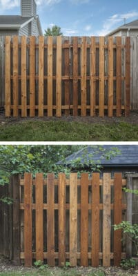 Durable wooden fence with vertical slats, perfect for budget-friendly outdoor privacy solutions.
