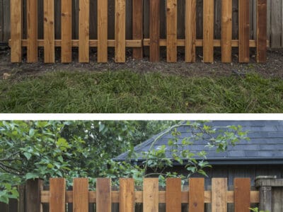 Durable wooden fence with vertical slats, perfect for budget-friendly outdoor privacy solutions.